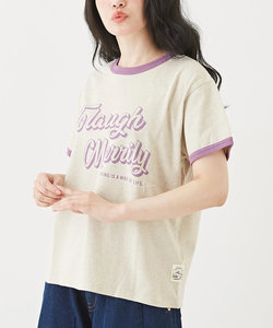 綿麻 天竺 カットソー ロゴプリント リンガーTシャツ