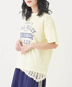 カギ針風 ニット 飾りレース付 カレッジロゴ プリント Tシャツ