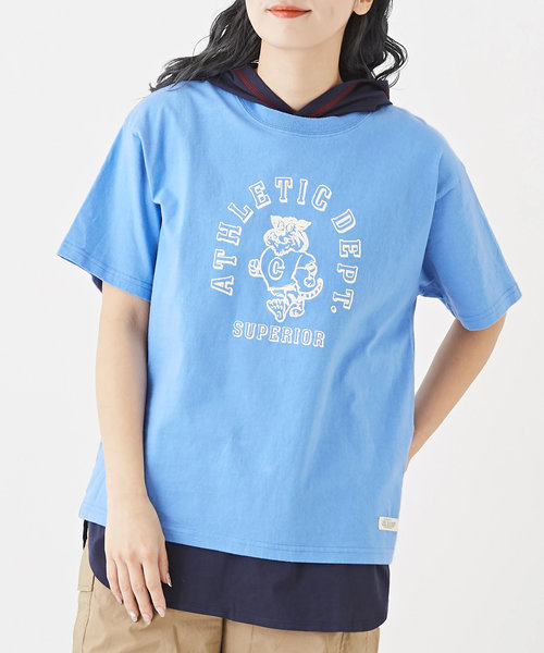 OE天竺 カットソー カレッジ風 プリント ロゴ Tシャツ