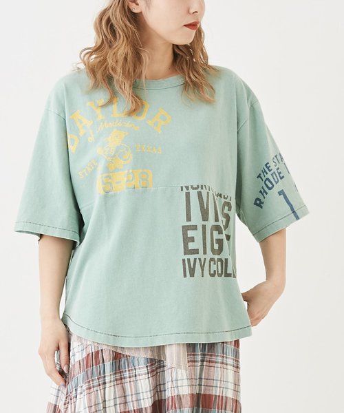 ビンテージ 天竺 カットソー ケミカル加工 リメイク風 切替 ロゴ Tシャツ