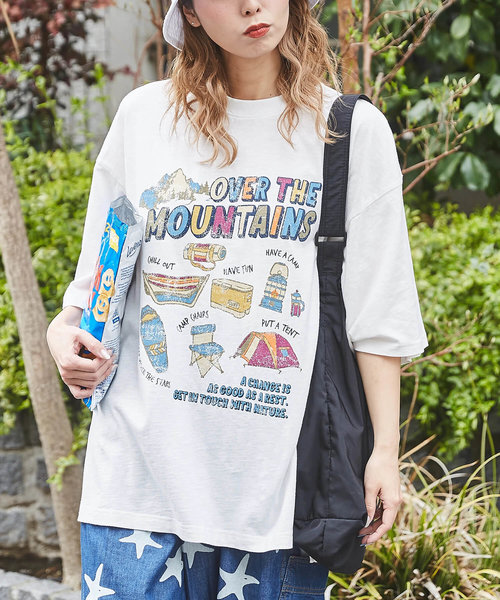 スラブ 天竺 カットソー アウトドア プリント ビッグ Tシャツ