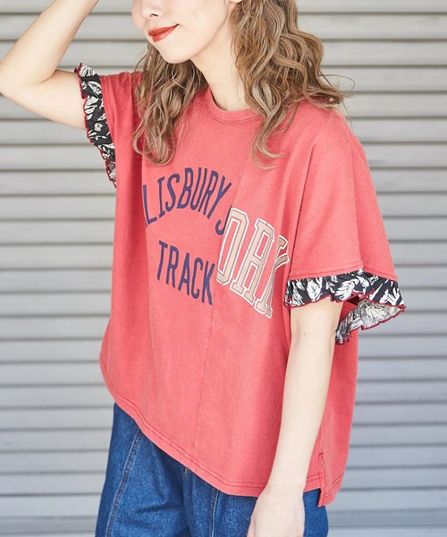 パウダー加工 リメイク風 袖口 フリル Tシャツ