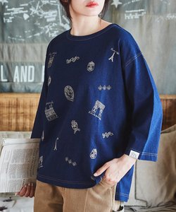 16/- インディゴ カットソー ８分袖 刺繍 クルーネック Tシャツ