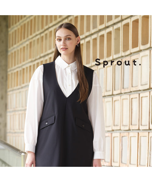 【Sprout.】肩掛けニット風ストール付き　袖ギャザーブラウス