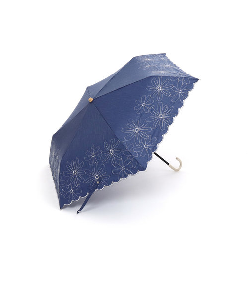 シャンブレーフラワー刺繍晴雨兼用折りたたみ傘 日傘
