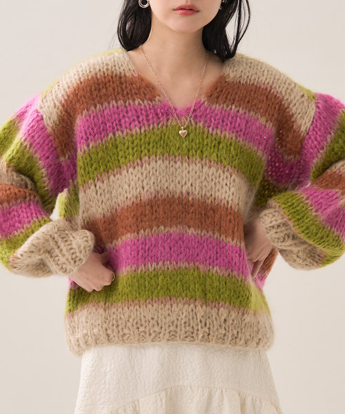 MOHAIR PULLOVER STRIPE V-NECK KNIT/Vネックモヘヤニットプルオーバー ...