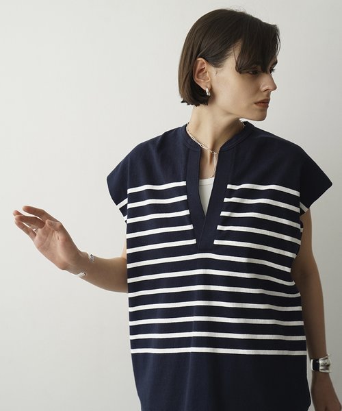 WIDE HENLEY NECK NO SLEEVE BORDER TOPS/ワイドヘンリーネック 