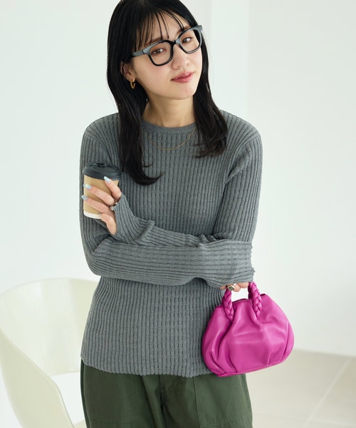 限定展開 ソリッドカラー タックリブ ニットプルオーバー 