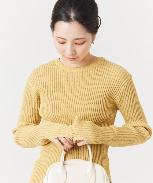 限定展開 ソリッドカラー タックリブ ニットプルオーバー 