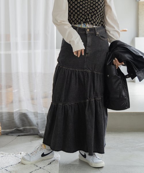 別注 Asymmetry Tiered Skirt/アシンメトリー ティアードスカート/ギャザースカート/デニムスカート