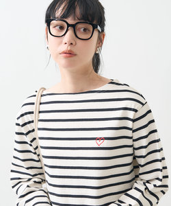 ワンポイントハート刺繍 ボートネックTシャツ/カットソー