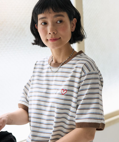 ワンポイントハート刺繍 ボーダーリンガーTシャツ