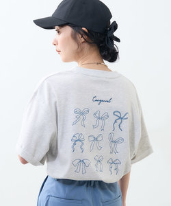 リボン バックプリントTシャツ/刺繍Tシャツ