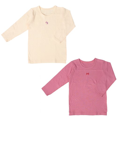 キッズ]ふわふわコットン 長袖 丸首シャツ2枚組 ユニコーン ピンク