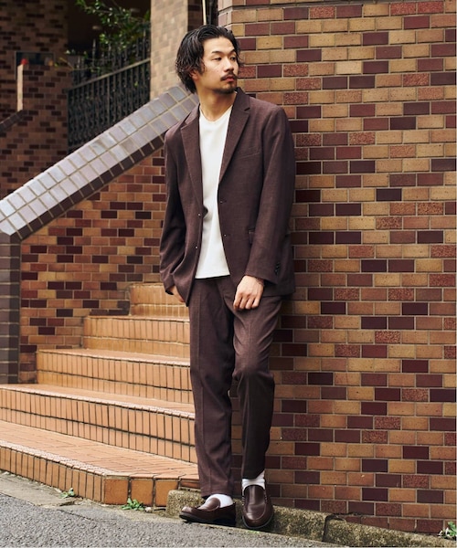 25685メンズシングルスーツ上下あいものこげ茶ストライプ