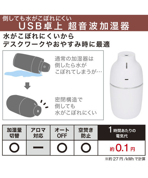 倒しても水がこぼれにくい USB卓上超音波加湿器(NI ホワイト