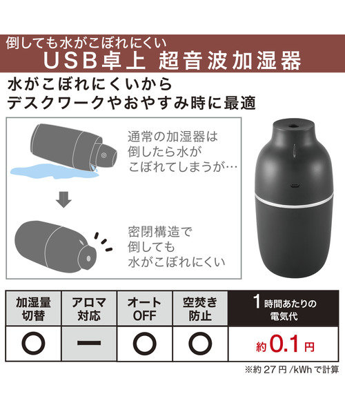 倒しても水がこぼれにくい USB卓上超音波加湿器(NI ブラック