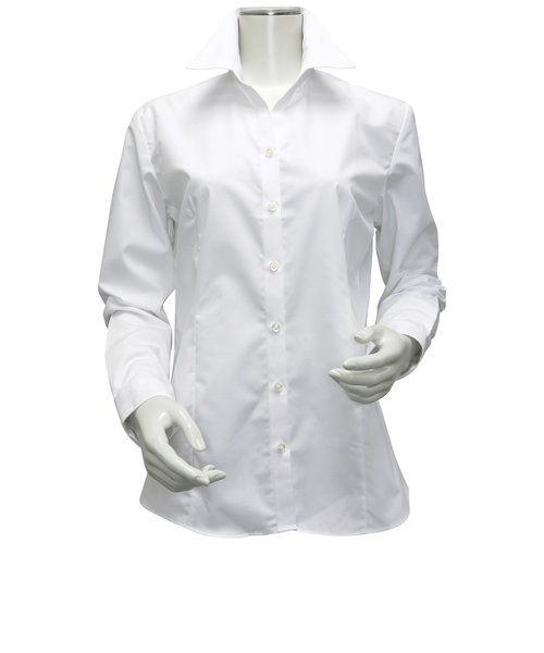 【透け防止】 形態安定 スキッパー衿 長袖 白無地・ブロード レディースシャツ