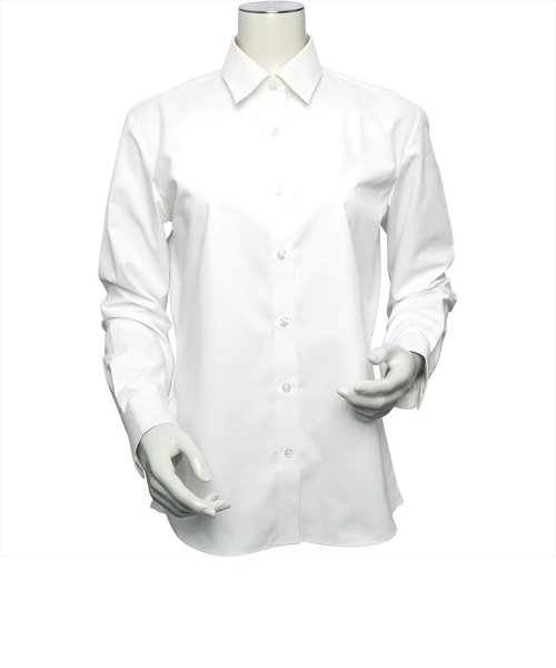 【透け防止】 形態安定 レギュラー衿 長袖 白無地・ブロード レディースシャツ