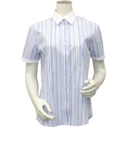 レディース ウィメンズシャツ 半袖 形態安定 クレリック レギュラー衿 白×ブルー系ストライプ （再生ポリエステル×オーガニックコットン）