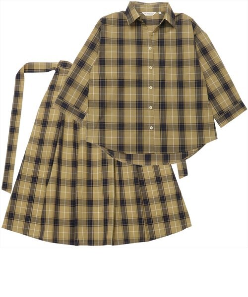 レディース ウィメンズ カジュアル 七分袖 シャツ スカート セットアップ スキッパー衿 ダークベージュ ネイビー 白チェック Tokyo Shirts トーキョーシャツ の通販 Mall