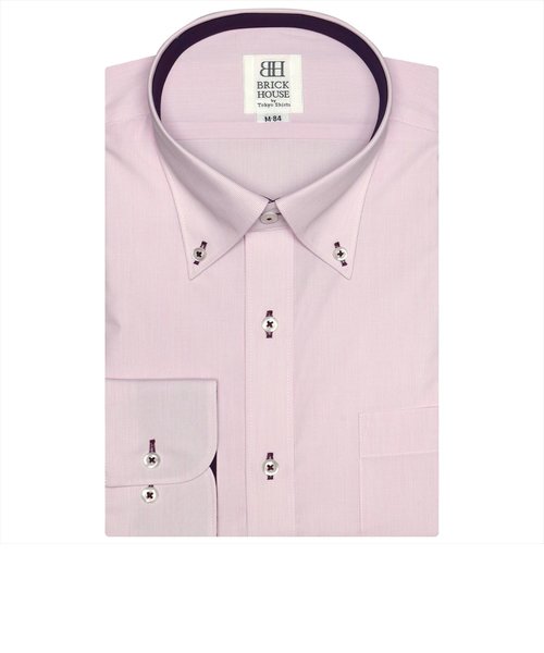ワイシャツ 長袖 形態安定 ボタンダウン 白×ピンク無地調 スリム