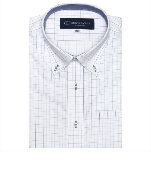 ワイシャツ 半袖 形態安定 ボタンダウン 白×サックスチェック （再生ポリエステル） Just Style