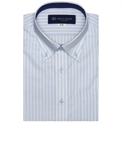 ワイシャツ 半袖 形態安定 ボタンダウン サックス×白ストライプ （再生ポリエステル） Just Style
