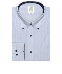 ワイシャツ 長袖 形態安定 ボタンダウン サックス×白チェック （再生ポリエステル） スリム