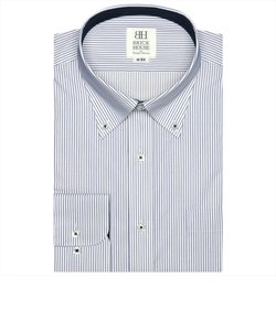 ワイシャツ 長袖 形態安定 ボタンダウン 白×ブルーストライプ （再生ポリエステル） スリム