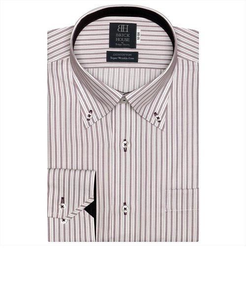 ワイシャツ 長袖 形態安定 ボタンダウン 綿100% 白×パープルストライプ 標準体