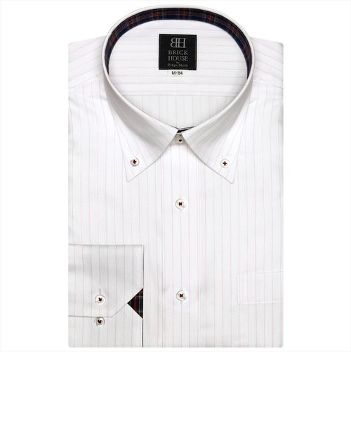 ワイシャツ 長袖 形態安定 ドゥエボットーニ ボタンダウン 白×ピンクストライプ （静電気防止） 標準体