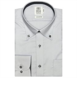 ワイシャツ 長袖 形態安定 ボタンダウン 綿100% グレー×無地調 （抗ウイルス加工） スリム