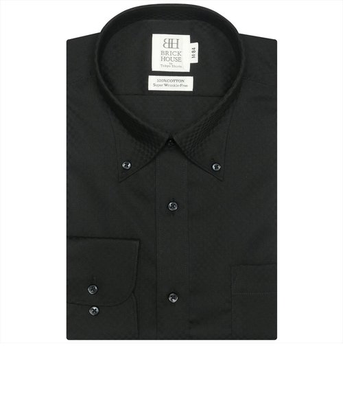 ワイシャツ 長袖 形態安定 ボタンダウン 綿100% 黒×市松格子織柄 スリム