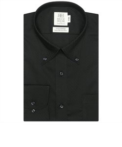 ワイシャツ 長袖 形態安定 ボタンダウン 綿100% 黒×市松格子織柄 スリム