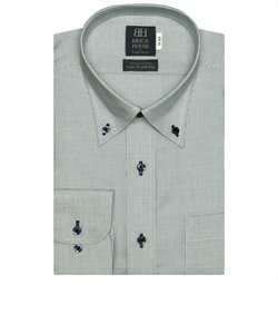 ワイシャツ 長袖 形態安定 ボタンダウン 綿100% 白×グリーン、ネイビー刺子風柄 標準体