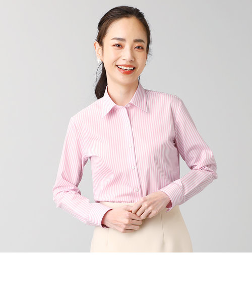 レディース ウィメンズシャツ 長袖 形態安定 レギュラー衿 白×ピンクストライプ （再生ポリエステル）