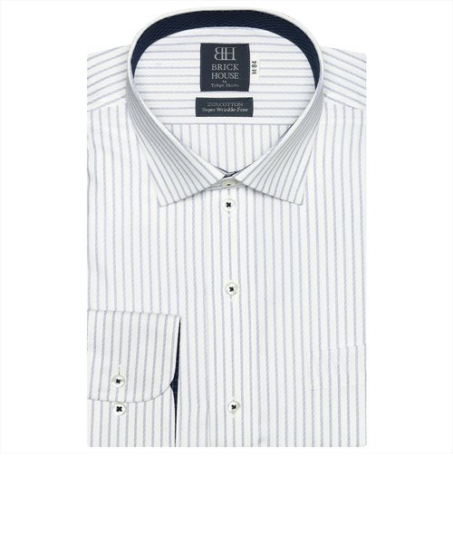 ワイシャツ 長袖 形態安定 ワイド 綿100% 白×ブルーストライプ 標準体