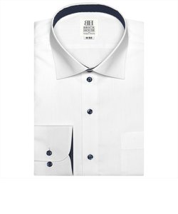 ワイシャツ 長袖 形態安定 ワイド 白×斜めストライプ織柄 （透け防止） スリム