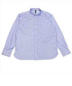 ワイシャツ 長袖 形態安定 ニットシャツ ラウンドテールシャツ スタンド ブルー系ストライプ Pitta Re:)