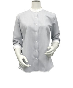 レディース ウィメンズシャツ 七分袖 形態安定 裾パイピング クレリック スタンド衿 白×黒ストライプ （再生ポリエステル）
