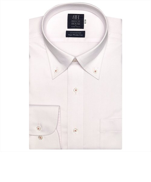 ワイシャツ 長袖 形態安定 ボタンダウン オーガニックコットンブレンド 綿100% 白×ピンクボーダーストライプ 標準体