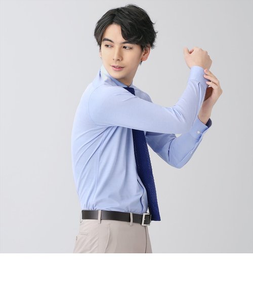 ワイシャツ 長袖 形態安定 ビズポロ ニットシャツ ホリゾンタル ワイド ブルー×無地調 スリム