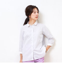 レディース ウィメンズシャツ カジュアル 七分袖 形態安定 やわらかガーゼ クレリック ラウンド衿 綿100% 白×グレー、サックスストライプ