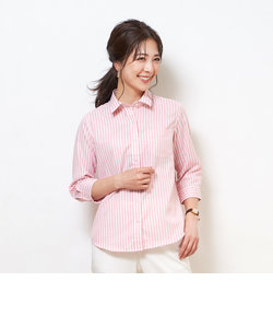 レディース ウィメンズシャツ カジュアル 七分袖 形態安定 やわらかガーゼ レギュラー衿 綿100% ピンク×白ストライプ