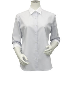 レディース ウィメンズシャツ 七分袖 形態安定 クレリック レギュラー衿 オーガニックコットン100% グレー×ストライプ織柄