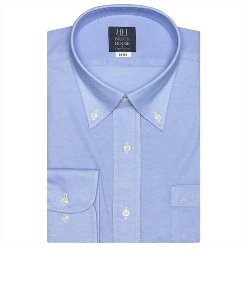 ワイシャツ 長袖 形態安定 ビズポロ ニットシャツ ボタンダウン ブルー×無地調 標準体