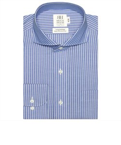 ワイシャツ 長袖 形態安定 ホリゾンタル ワイド 綿100% ブルー×白ストライプ スリム