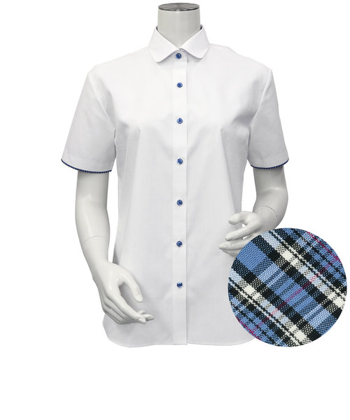 レディース ウィメンズシャツ 半袖 形態安定 ラウンド衿 白×織柄 (透け防止)