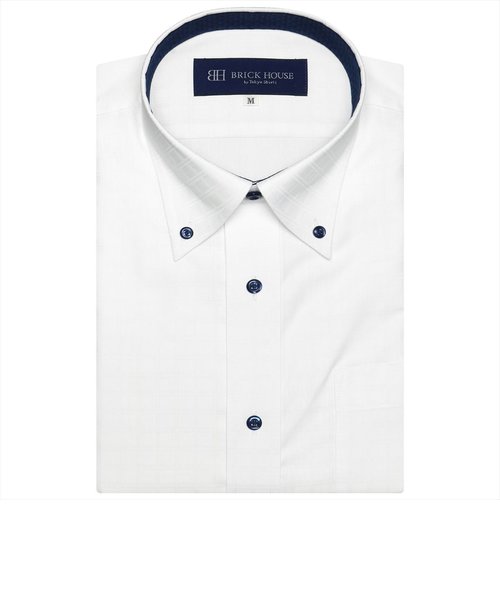 ワイシャツ 半袖 形態安定 ボタンダウン 白×チェック織柄 （透け防止）